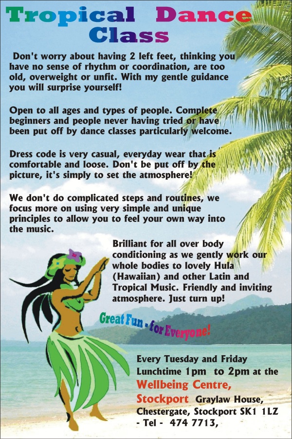Poster of belly dance class at the Wellbeing Centre in Stockport